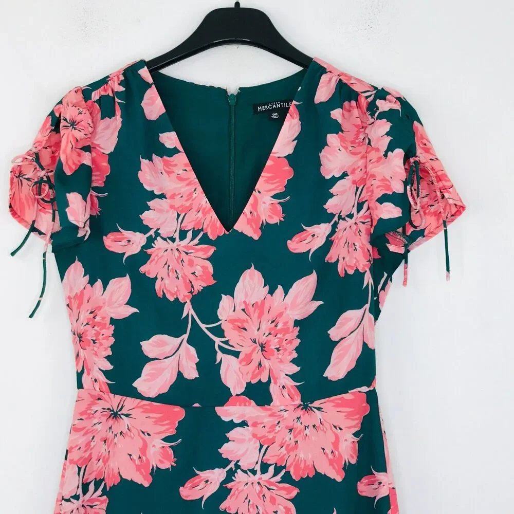 J Crew Mercantile Women's 00 Dress Green Pink Floral Tie-Shoulder A-Line CJ4